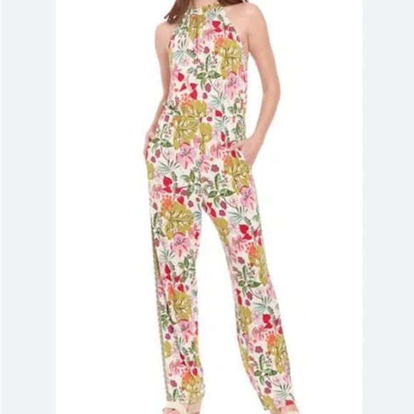London Times Pants - Red and Green Floral mock neck sleeveless Jumpsuit with Fitted Bodice 10